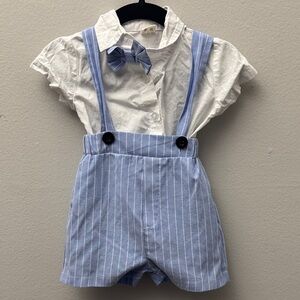 🌻Blue Pinstripe Suspender Shorts Set with White Shirt and Bow